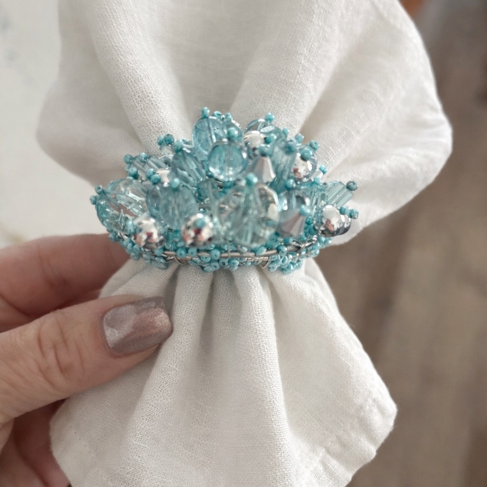 Beaded Blue Napkin Ring. Set of 3.
